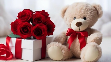 Teddy Bear with Roses and Open Gift Box
