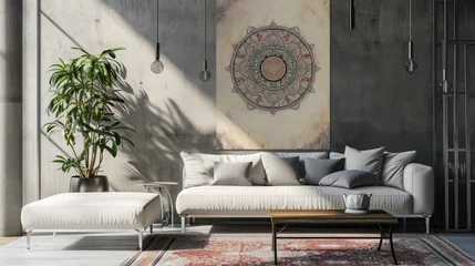 Wandcirkels tuinposter a blossoming mandala against a muted taupe background, creating a tranquil setting with a modern sofa. © Lal