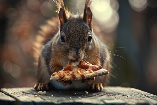 a squirrel eating a slice of pizza