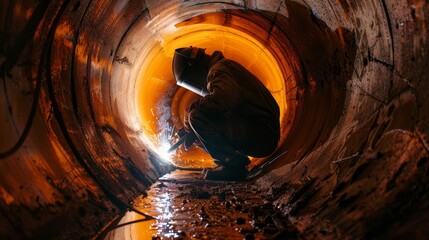 Welder on Heavy Industry Work. Welding inside a pipe