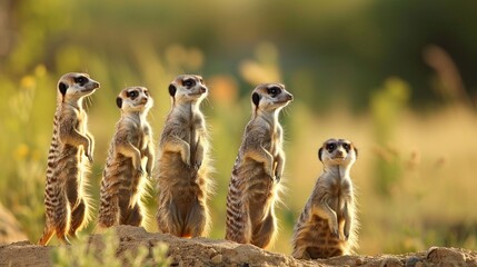A family of curious meerkats standing on their hind legs, their watchful eyes scanning the horizon for signs of danger. - obrazy, fototapety, plakaty
