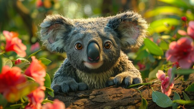 Captivating image of a koala peering through vibrant flowers in a lush environment