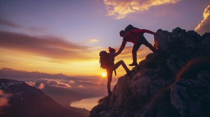 Friends helping each other hike up a mountain at sunrise. Giving a helping hand, and active fit lifestyle concept. - obrazy, fototapety, plakaty