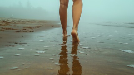 Woman walking on beach in foggy morning
