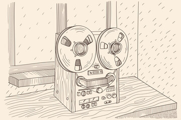 Vintage tape recorder for spool cassettes with magnetic tape.