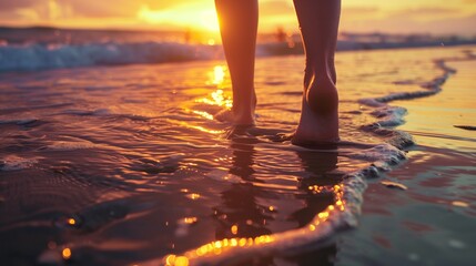 Woman's feet in the sea waves while walking on beach at sunset, romantic backgrounds with copy space. - obrazy, fototapety, plakaty