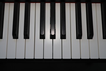 Black and white piano keys close-up. Ivory in a musical instrument.