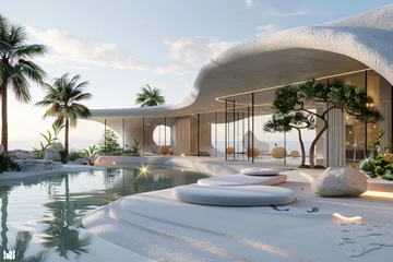 Zelfklevend Fotobehang An oasis-inspired retreat with sleek, minimalist structures blending seamlessly with the natural landscape, featuring geometric palm tree arrangements and futuristic plant sculptures  © Izhar