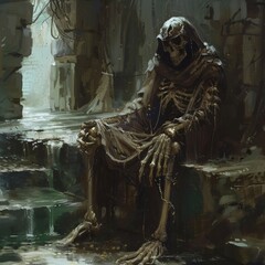 a skeleton sitting on a stone ledge