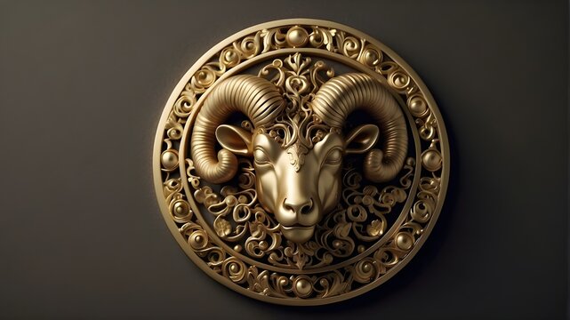knocker on the door,Imagine a unique and creative interpretation of the symbol of Aries, the ram, crafted with intricate details and finished in stunning gold. The symbol is depicted in a way that cap