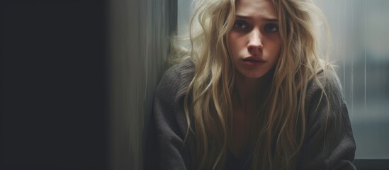 A depressed young woman with long blonde hair is standing in front of a window, looking out with a contemplative expression.