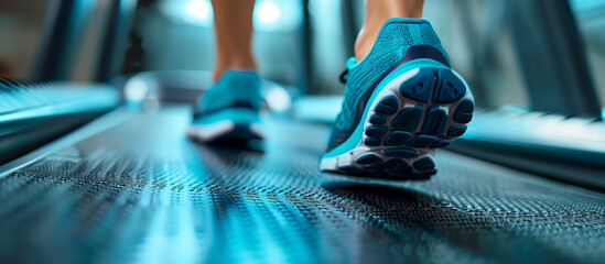 Close up of running or training woman on treadmill, running track.  - obrazy, fototapety, plakaty