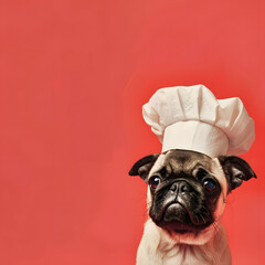 Dog wearing chef costume in red background.