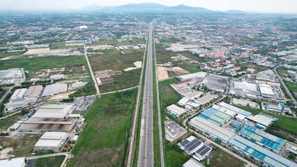  Aerial view of transportation road through Industrial estate in Chonburi province of Thailand