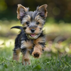 a small dog running on grass