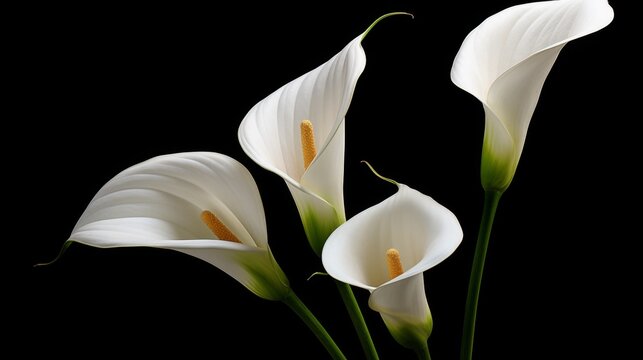 White calla lily flowers on black background 
