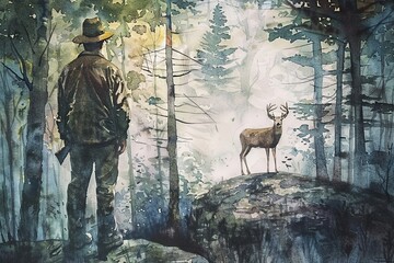 hunter gazes upon a deer in the forest, captivated by the serene beauty of nature
