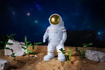 Agriculture technologies in space concept. Astronaut growing plants on alien planet. Since fiction,...
