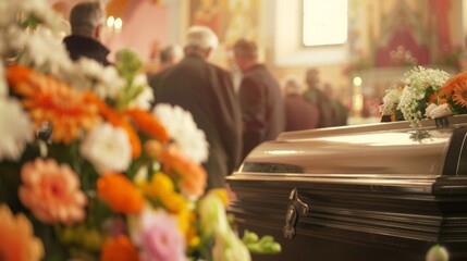 A solemn funeral scene with a black coffin, flowers, and mourners in a chapel, symbolizing grief and remembrance. - obrazy, fototapety, plakaty