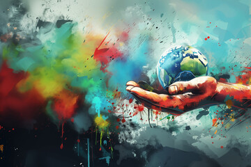 Hand holding earth with vibrant splash of color in background. Earth Day wallpaper