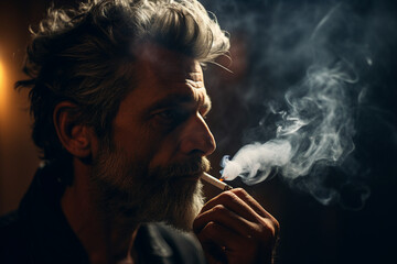 Fototapeta premium Bearded middle aged man smoking a vape lots of smoke generative AI concept