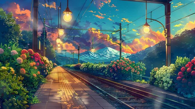 Tranquil train station surrounded by blossoming flowers and a train passing through. Seamless Looping 4k Video Animation