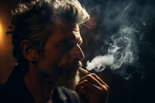 Bearded middle aged man smoking a vape lots of smoke generative AI concept