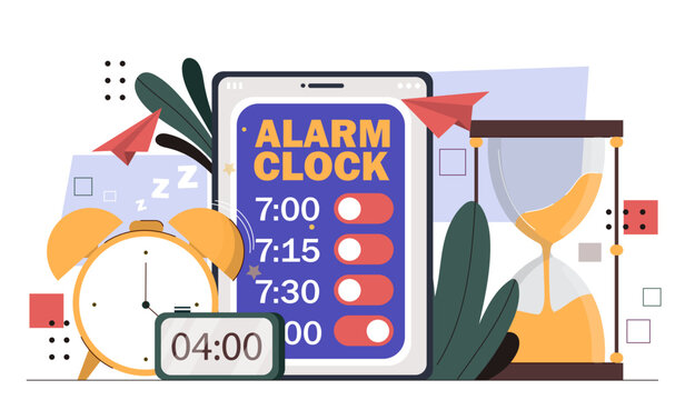 Alarm clock concept. Cloks and hourglass near smartphone. Waking up and morning. Reminder and organizer. Correct daily regime. Cartoon flat vector illustration isolated on white background