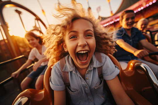 Generated AI picture of happy crazy cheerful girl rides a bright rollercoaster in amusement park