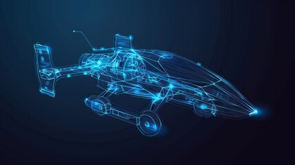  Wireframe illustration of a flying car of the future on a dark blue background