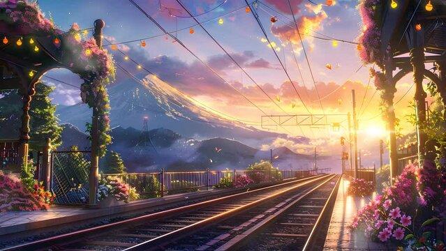 Idyllic train station with blooming flowers and a train waiting at the platform. Seamless Looping 4k Video Animation