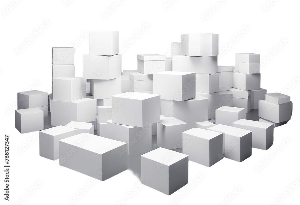Wall mural white boxes background dark 3d splay rendering cube poduim white cube box floor dark wall light room