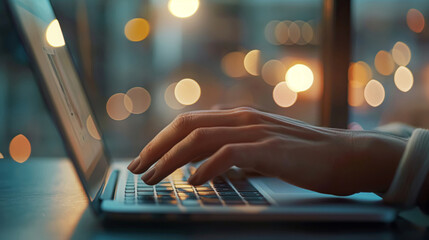 Close-up of hands typing on a laptop keyboard, with the warm glow of city lights in the background, capturing a moment of productivity and connectivity in the urban night.