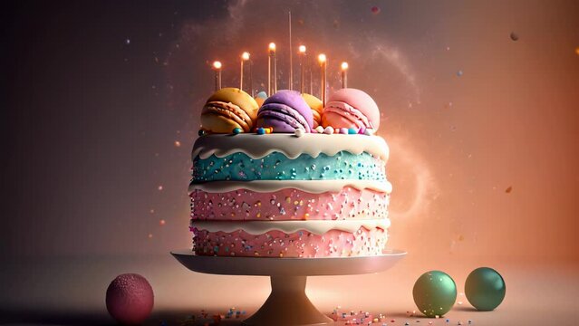 Birthday pink cake with cream, decorated with sweets, balls, macarons, fireworks candles on a purple background.