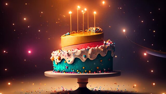 Fairy magic birthday cake on a stand decorated with a sweets, sparklers in the lights on a dark backgrounds.