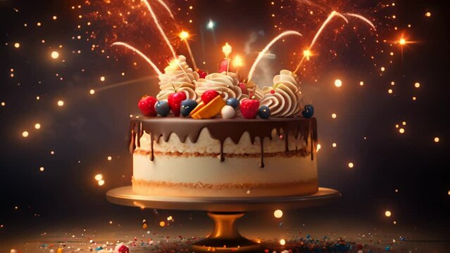 Fairy magic birthday cake on a stand decorated with a sweets, sparklers in the lights on a dark backgrounds.