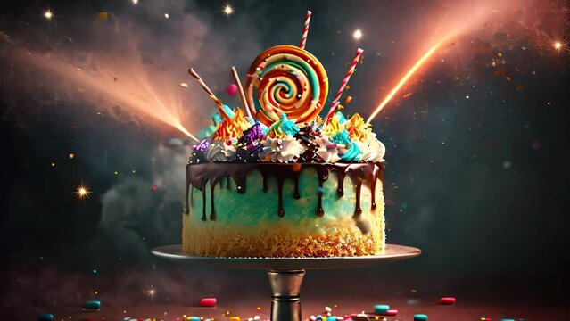 Fairy magic birthday cake on a stand decorated with a sweets, sparklers in the lights on a dark backgrounds.