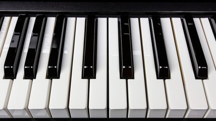 Monochrome close up of black and white piano keyboard, detailed shot of piano keys in grayscale