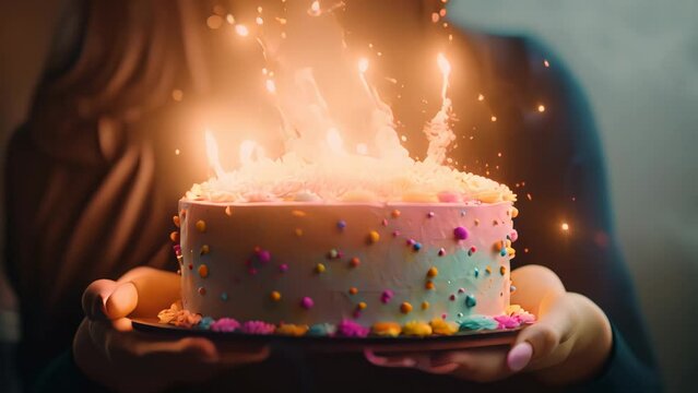 Colorful multi-colored cake with candles in female hands. Festive birthday greetings. 