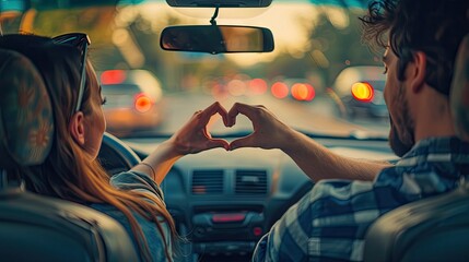 Car love: Couple in car makes heart hand gesture, expressing affection and unity. Image evokes romance and connection, perfect for love-themed content or Valentine's Day.
