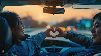 Car love: Couple in car makes heart hand gesture, expressing affection and unity. Image evokes romance and connection, perfect for love-themed content or Valentine's Day. - obrazy, fototapety, plakaty