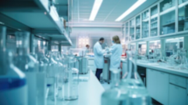 A blurred photograph capturing the bustling activity of scientists in lab coats conducting research in a modern, well-equipped laboratory. Resplendent.