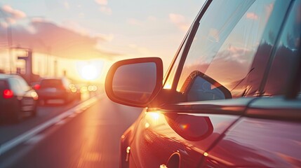 Sunrise reflection: Red car's side mirror reflects highway scene at sunrise, pastel sky with sun flare. Perfect for conveying morning commute or road trip vibes with beautiful scenery.