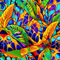 abstract seamless pattern with stylized leaves and colorful tropical flowers