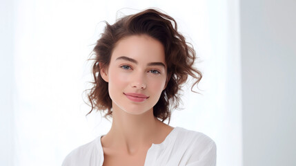 Portrait of a young woman with perfectly smooth skin on a white background. Facebook building. Concept of cosmetology, skin care, plastic surgery.