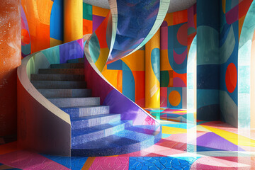 Create an abstract home interior design featuring a spiral staircase as the focal point, surrounded by cascading layers of geometric patterns and vibrant colors
