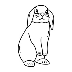 Cute hare stands on hind legs with ears hanging down. Adorable rabbit, wild forest animal. Easter symbol. Black and white vector isolated illustration hand drawn doodle