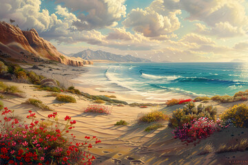 Create an image of a serene sanctuary where the ocean meets the desert, with gentle waves lapping against the shore and desert blooms adding bursts of color to the golden sands, creating a scene