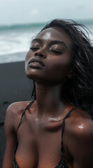 Woman with wet skin on a black beach - obrazy, fototapety, plakaty