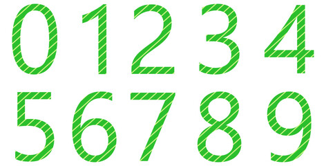 Set of striped numbers isolated on white. Alphabet with numbers. Vector graphic elements for design. Lines. Green color	